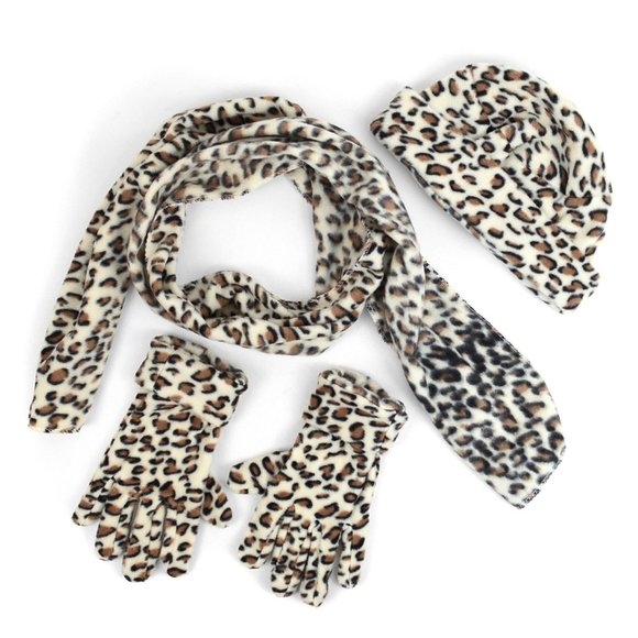 Womens Winter FLEECE LEOPARD PRINT Hat Scarf Gloves SET - Picture 4 of 4